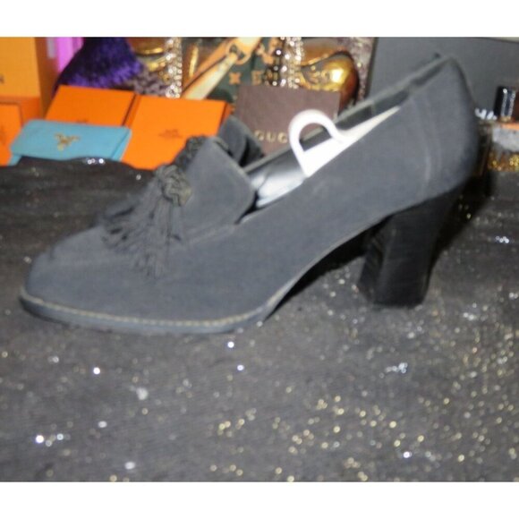 Vittorio Ricci Black Italian Suede Leather Tassel Embellished Chunky Pumps  7.5 - Picture 1 of 13